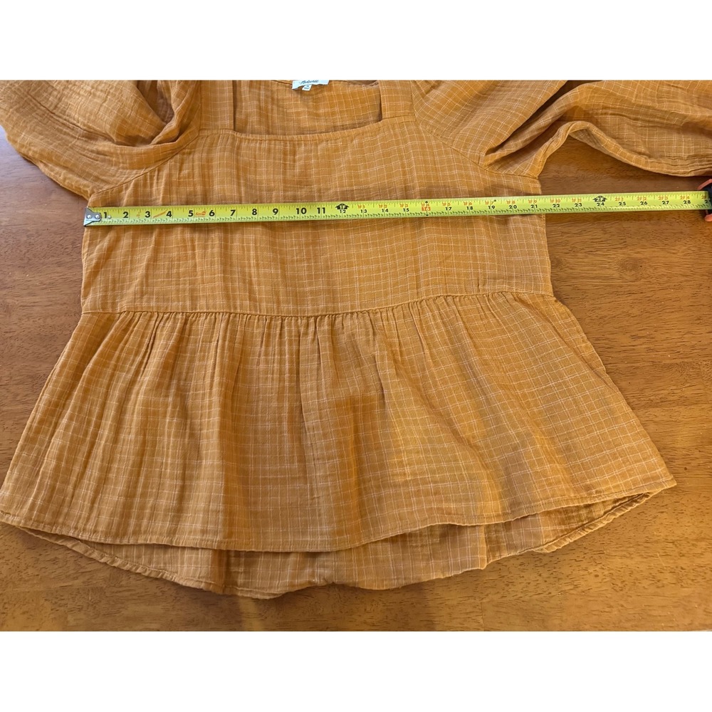 Madewell Mustard Yellow Windowpane Plaid Square Neck Peplum Gauze Top Size XL - Picture 5 of 8